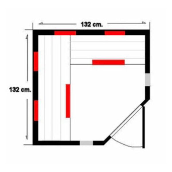 Grundrisszeichnung der Infrarotkabine Frankfurt 132cm Breite x 132cm Tiefe